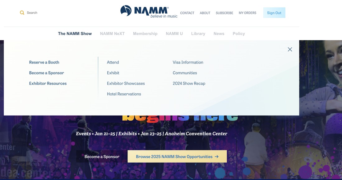 Current NAMM mega-menu showing Reserve a Booth and Exhibit as separate, disconnected links