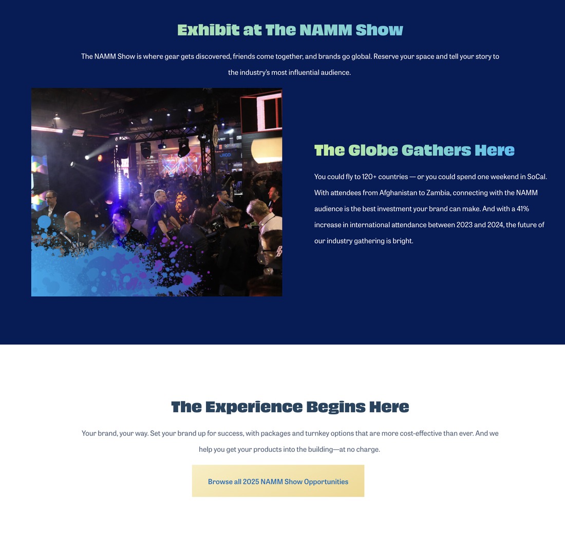 Current Exhibit at NAMM landing page with vague copy and a broken video placeholder