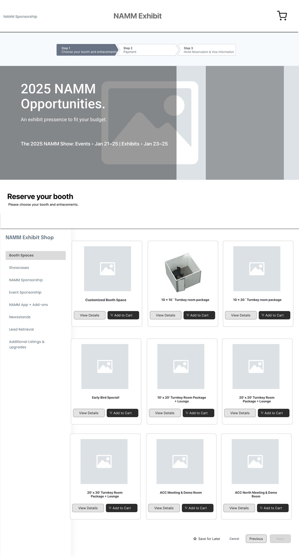 Redesigned unified Exhibit page with a clear stepper and real booth options in one page