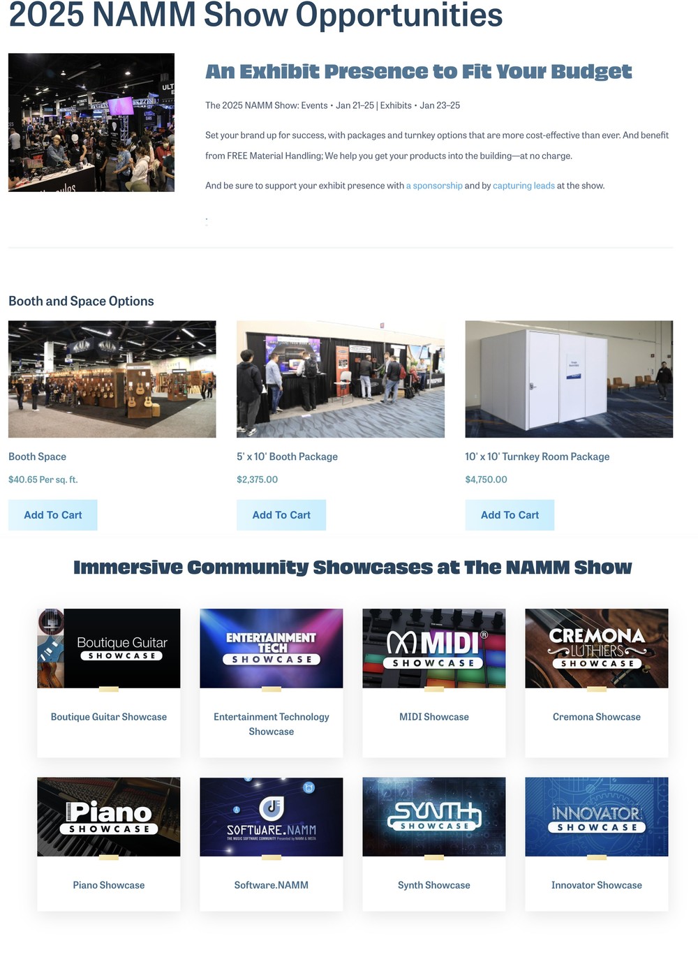 Current site showing booth options and community showcases stacked on one long page with no hierarchy