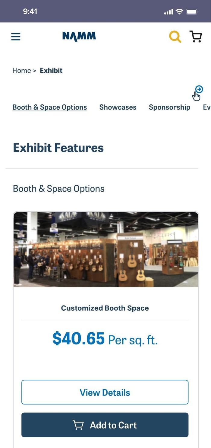 Redesigned mobile navigation with breadcrumb and tabbed sections for Booth and Space Options, Showcases, and Sponsorship