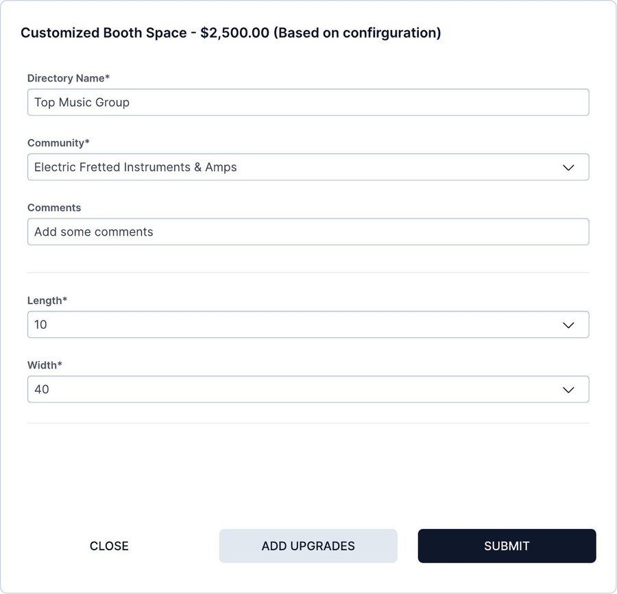 Desktop customized booth space modal with live length and width pricing calculator