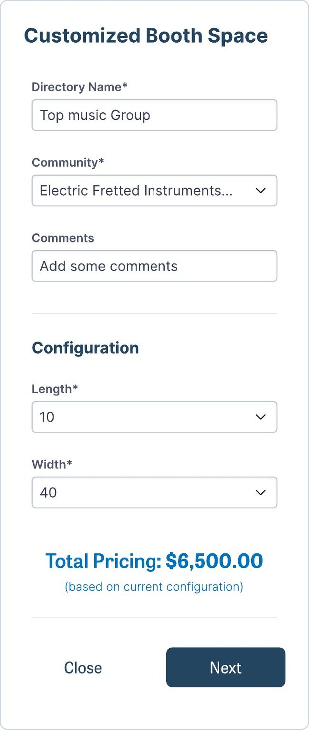 Mobile customized booth space modal showing the same live pricing calculator