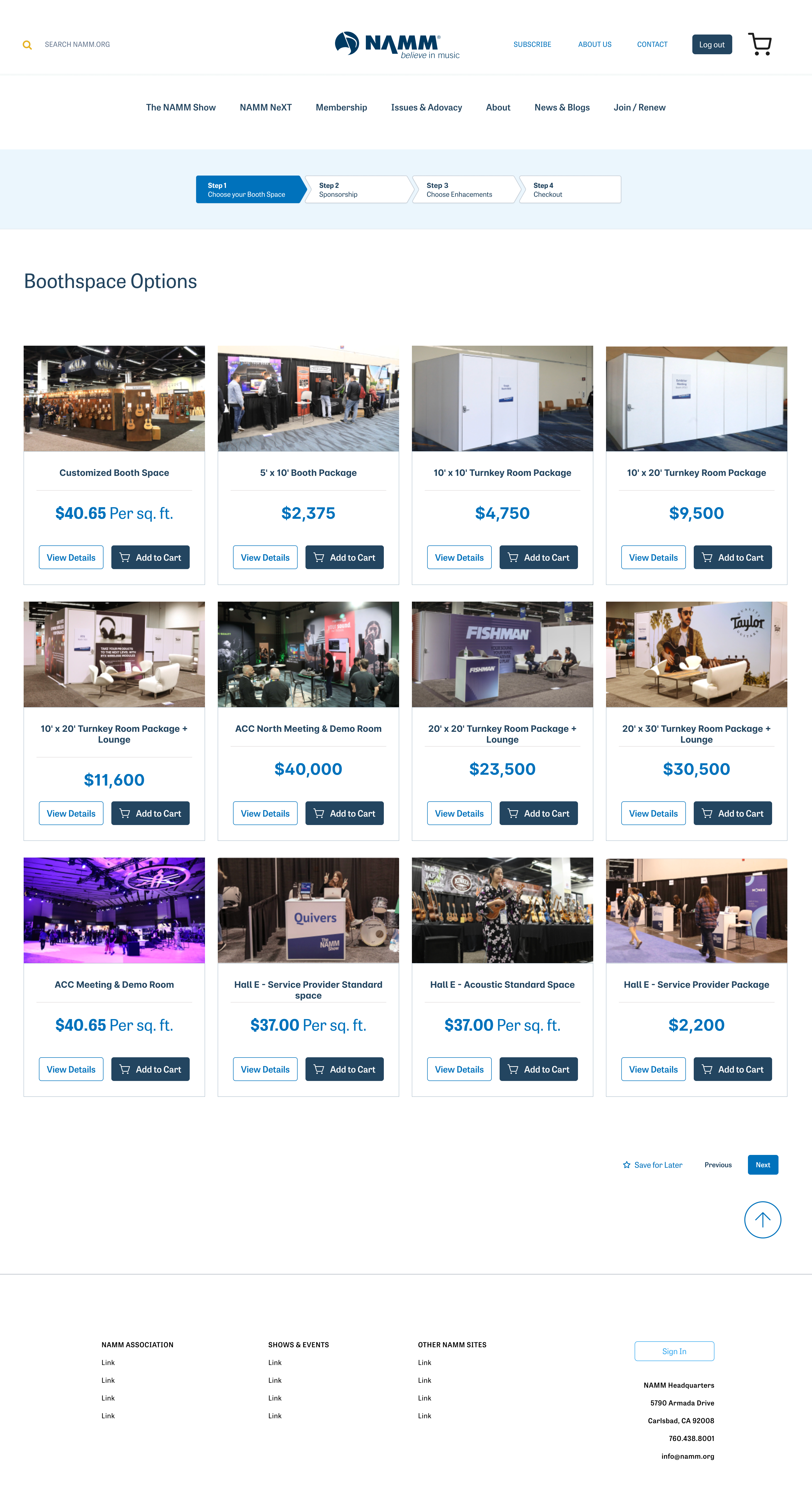 Step 1 of the exhibitor flow — every boothspace option laid out on one page with live pricing