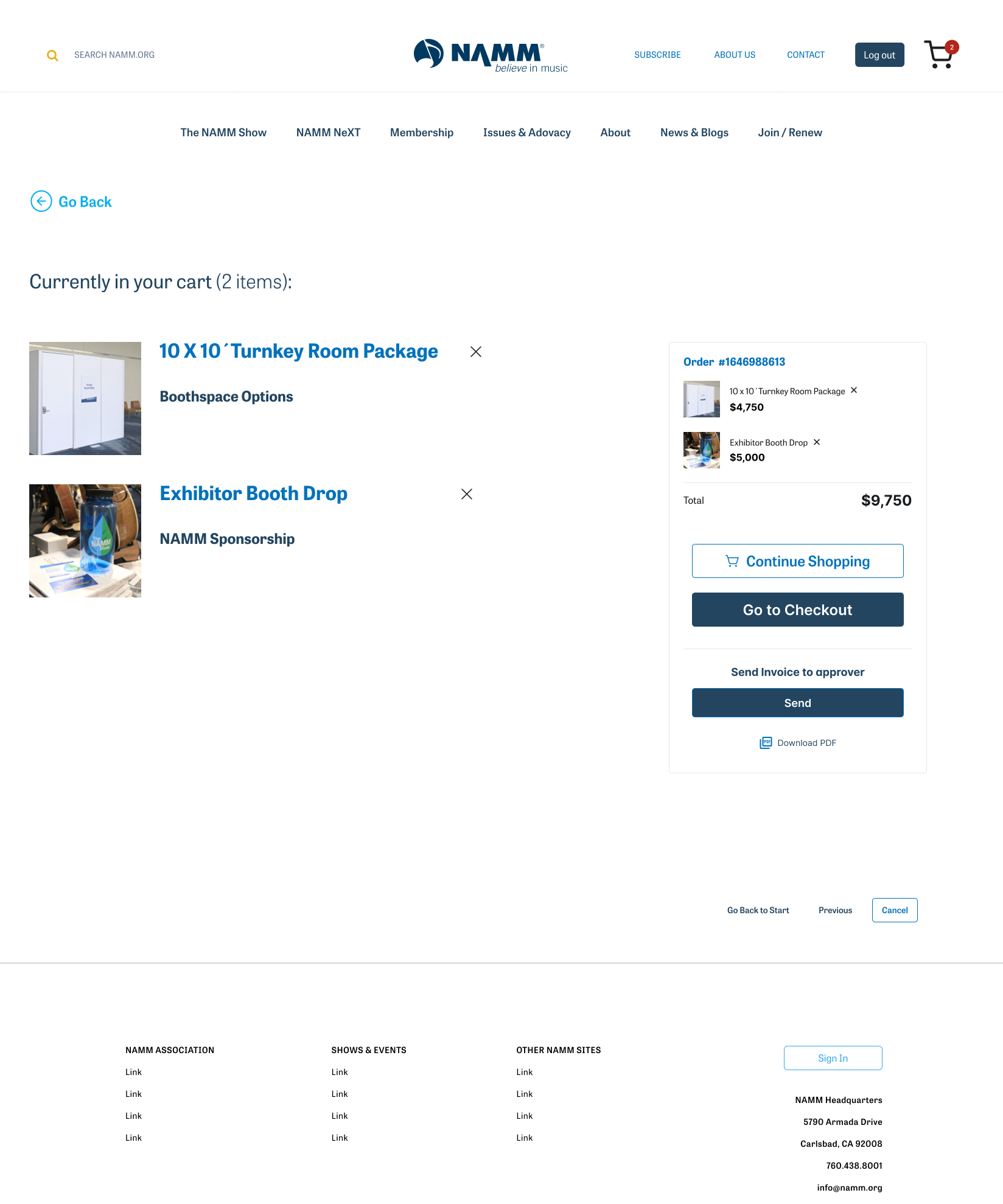 Cart view showing selected booth space and sponsorship items with a running total