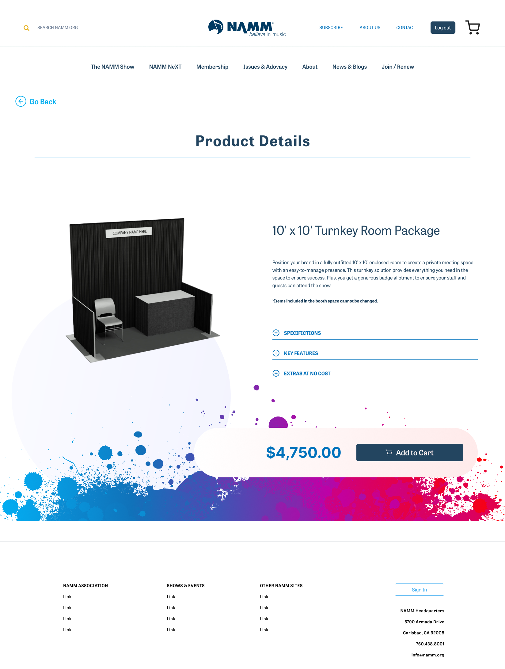 Product detail page for a booth package, with specs, key features, and add-to-cart pricing