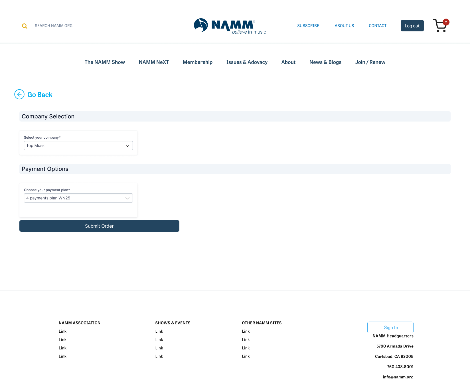 Company selection and payment plan options before order submission