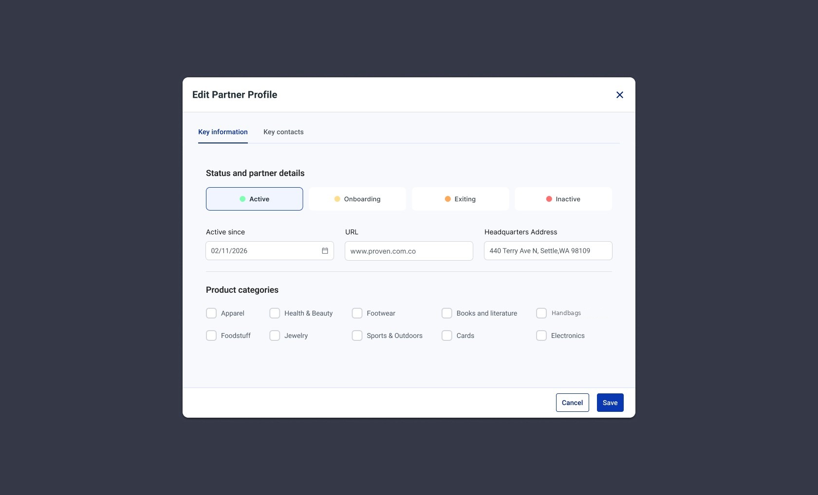 Edit Partner Profile modal showing status pills (Active, Onboarding, Exiting, Inactive), partner details fields, and product category checkboxes
