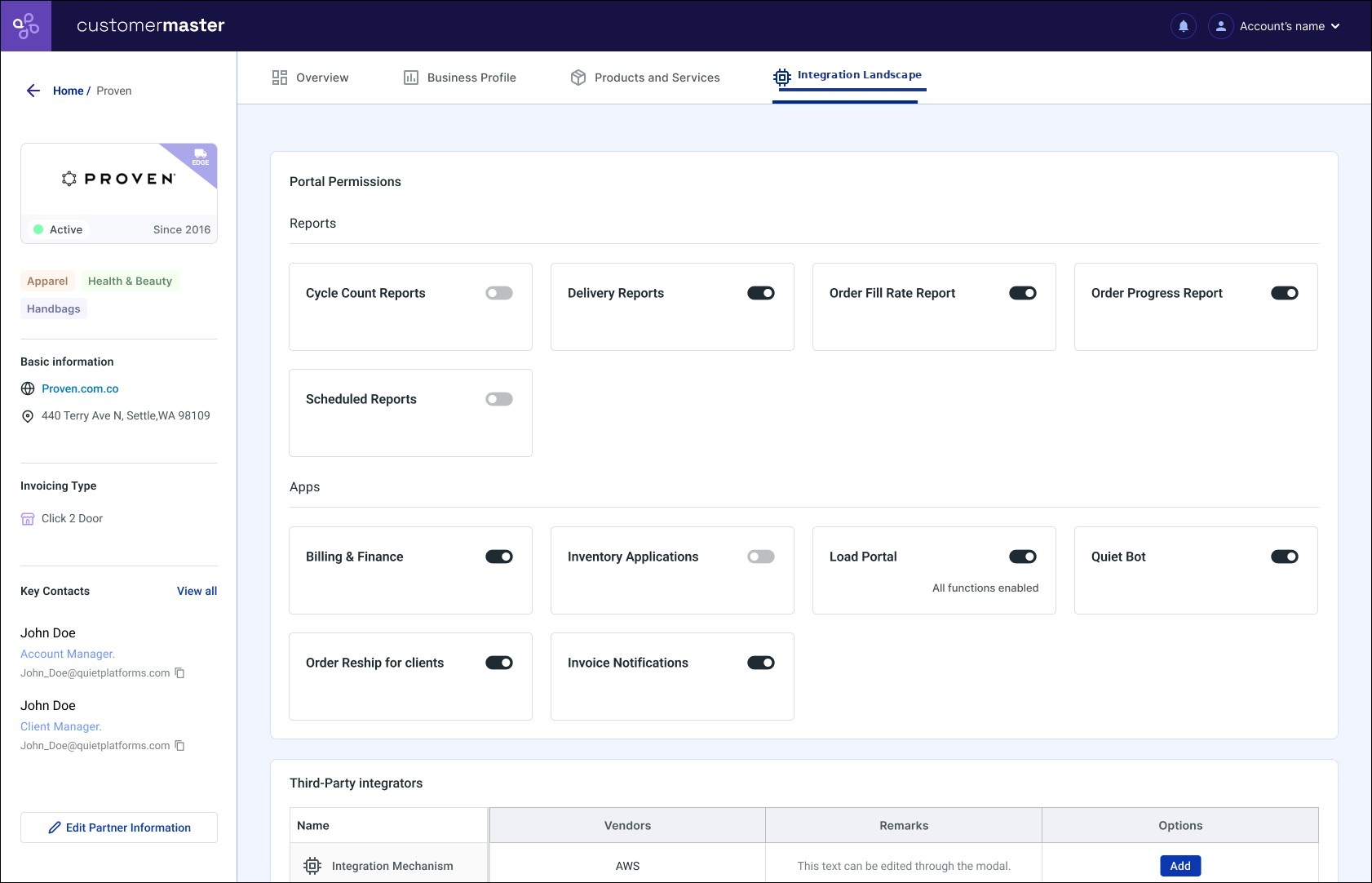 Integration Landscape tab with Portal Permissions toggles for reports and apps, and a table of third-party integrators