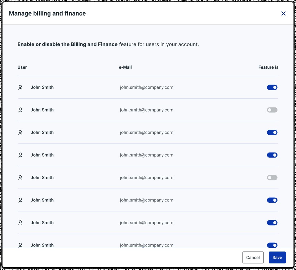 Manage Billing and Finance modal with a per-user toggle list to control which users can see the feature
