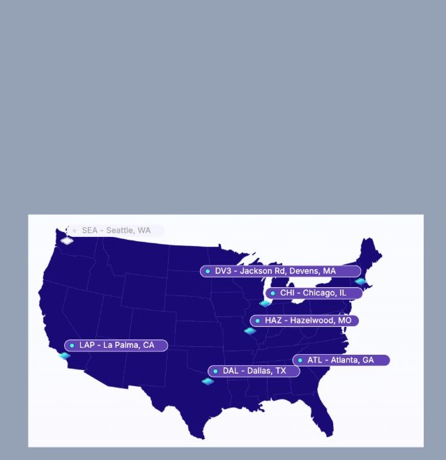 Warehouse visibility map showing active facility locations for a partner across the United States