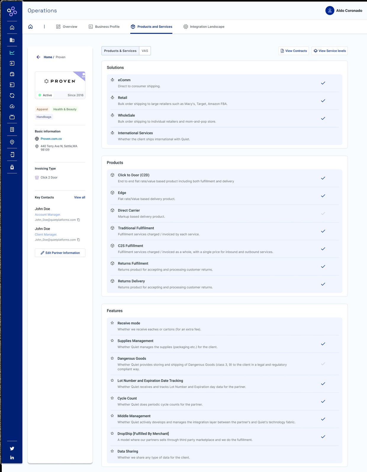 Products and Services tab listing Solutions, Products, and Features with checkmarks for which are enabled for this partner