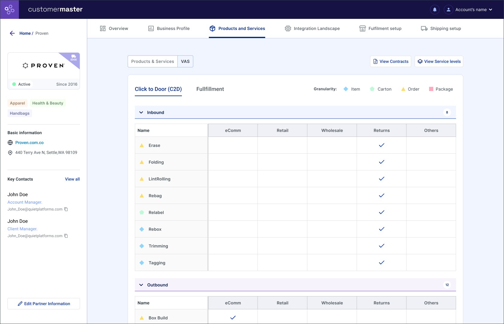 VAS tab showing the value-added services matrix, grouped by Inbound and Outbound, with columns for eComm, Retail, Wholesale, Returns, and Others