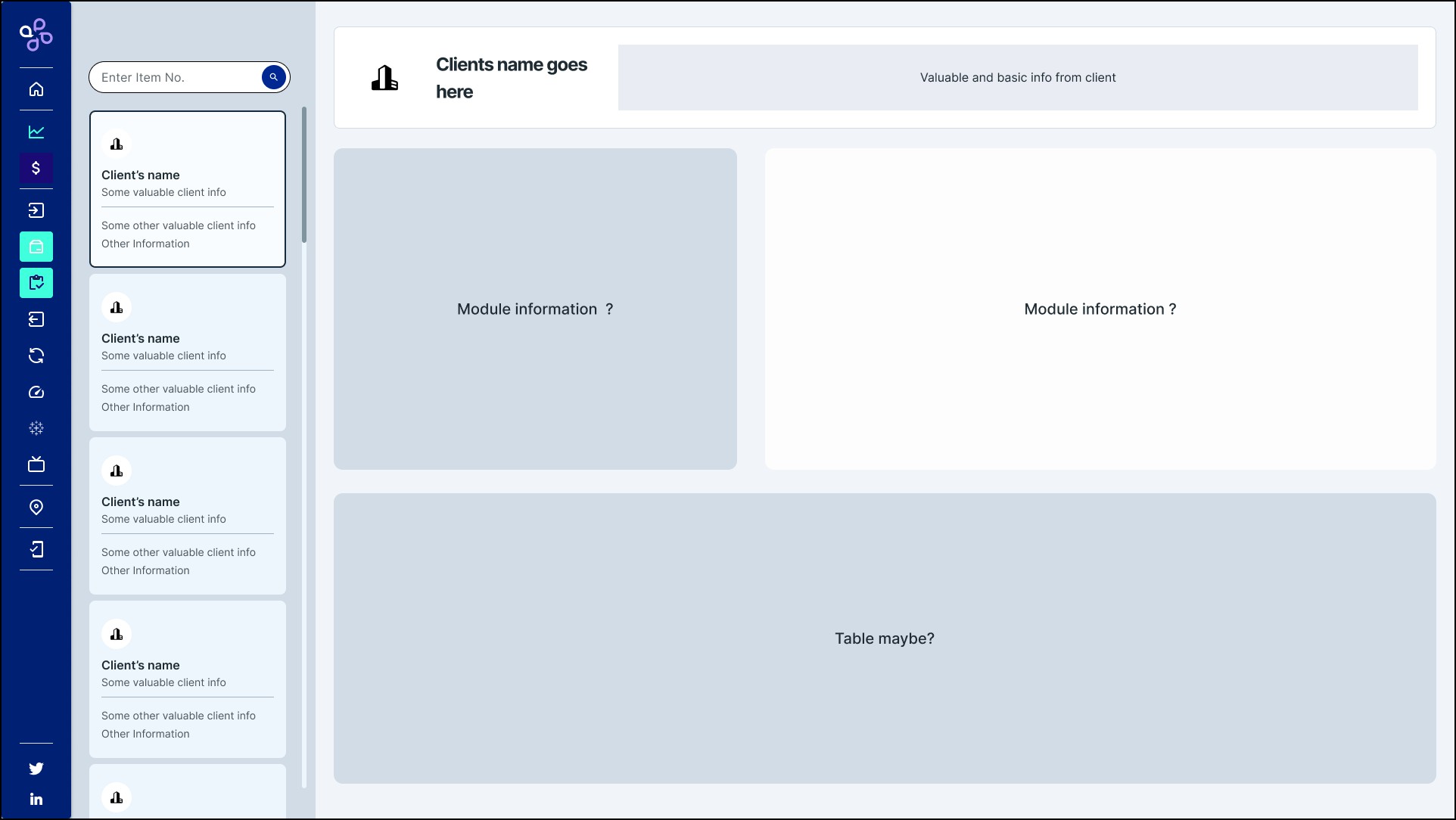 Low-fidelity wireframe of the individual partner overview with placeholder boxes labeled 'Module information?' and 'Table maybe?'
